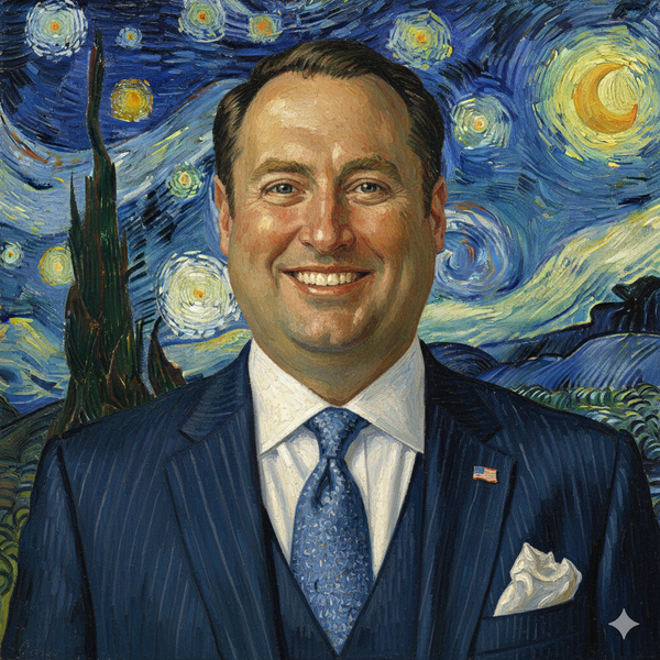 Man in a suit smiling, superimposed onto Van Gogh's