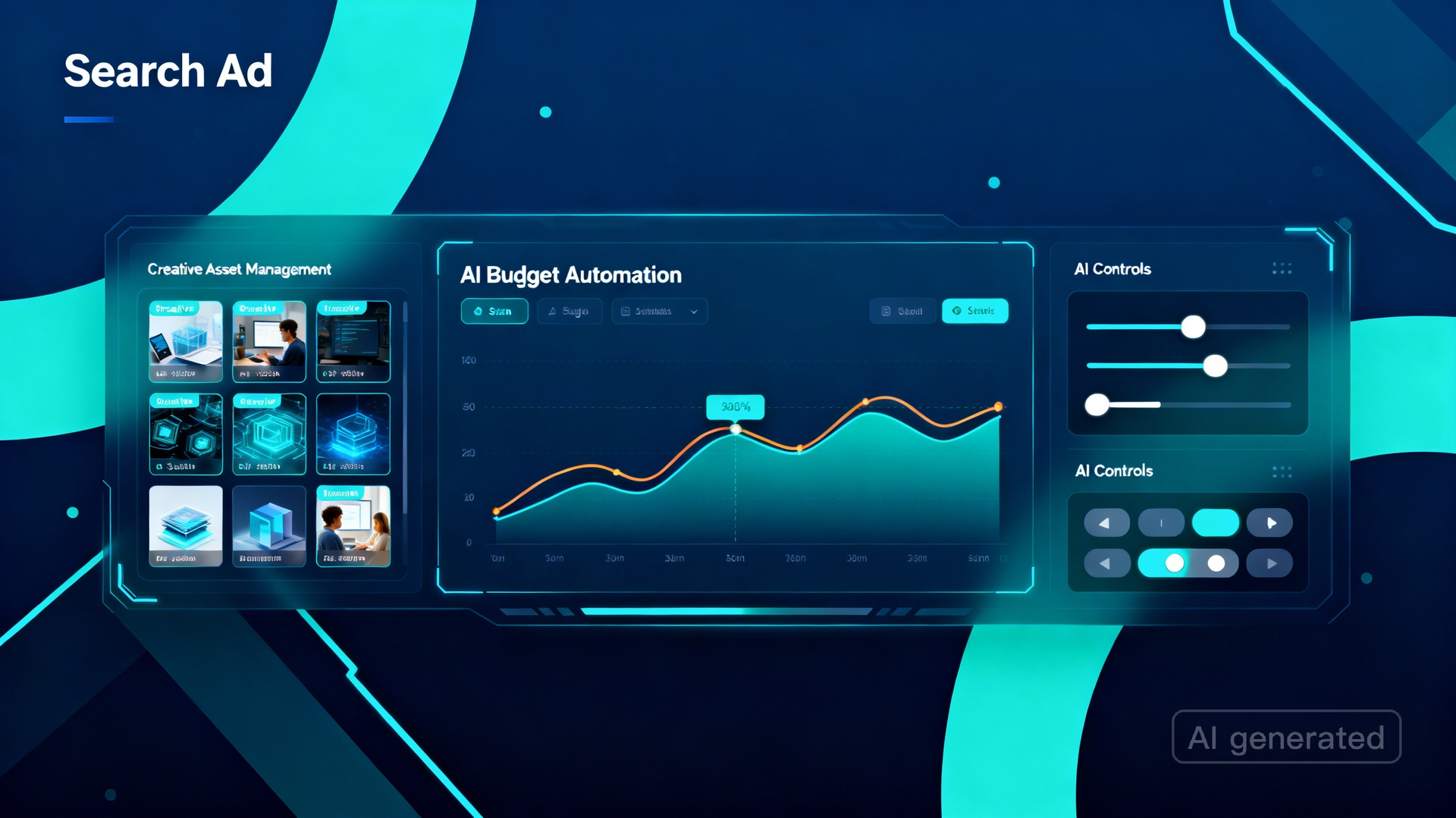 Futuristic interface showing a fluctuating line graph, sliders, and image thumbnails in shades of blue and teal.