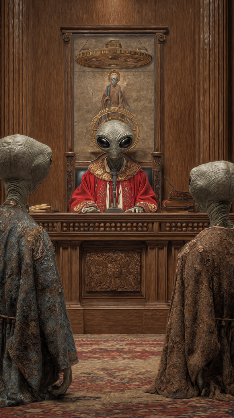 Alien courtroom scene, three gray aliens. One in red robe at a desk, others stand facing. Wooden paneled room.