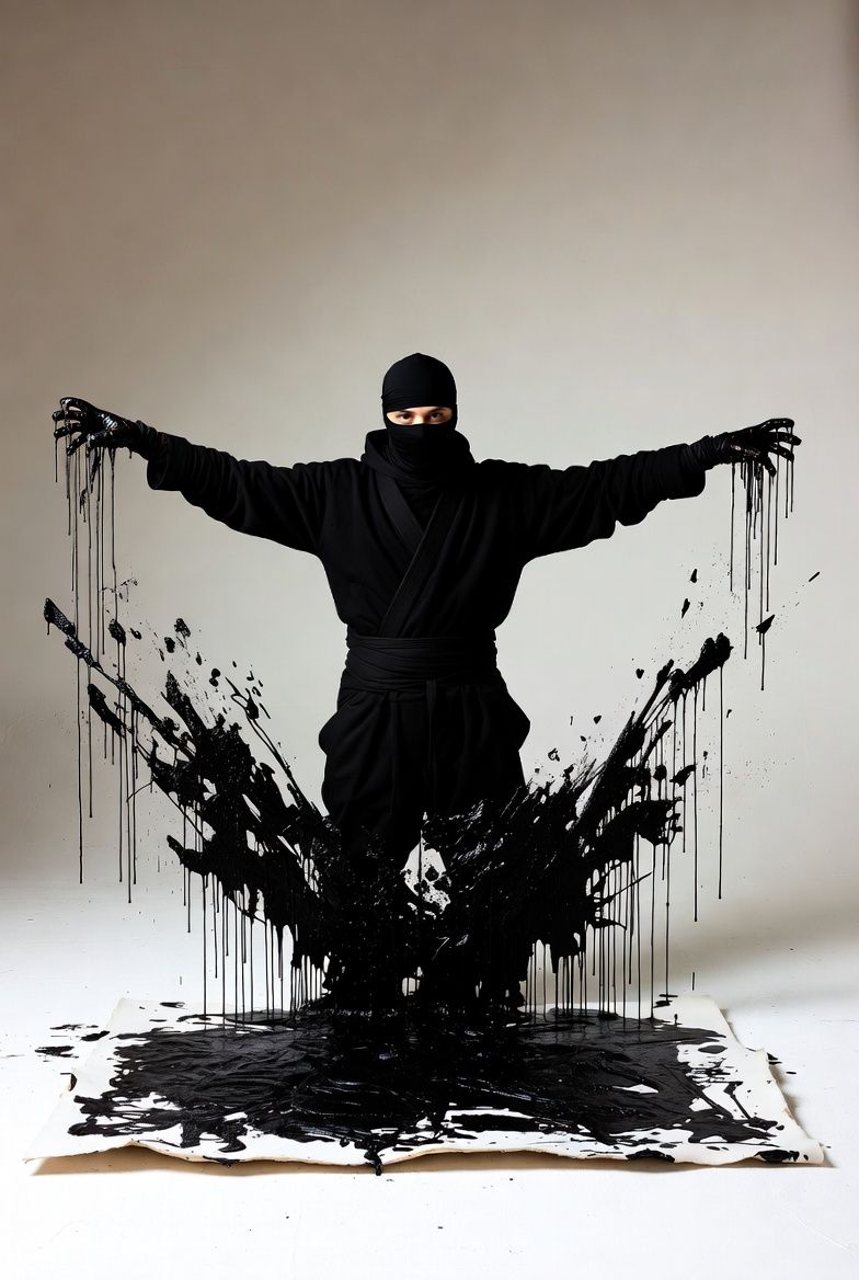 Ninja in black outfit, surrounded by splattered and dripping black ink on a white background.