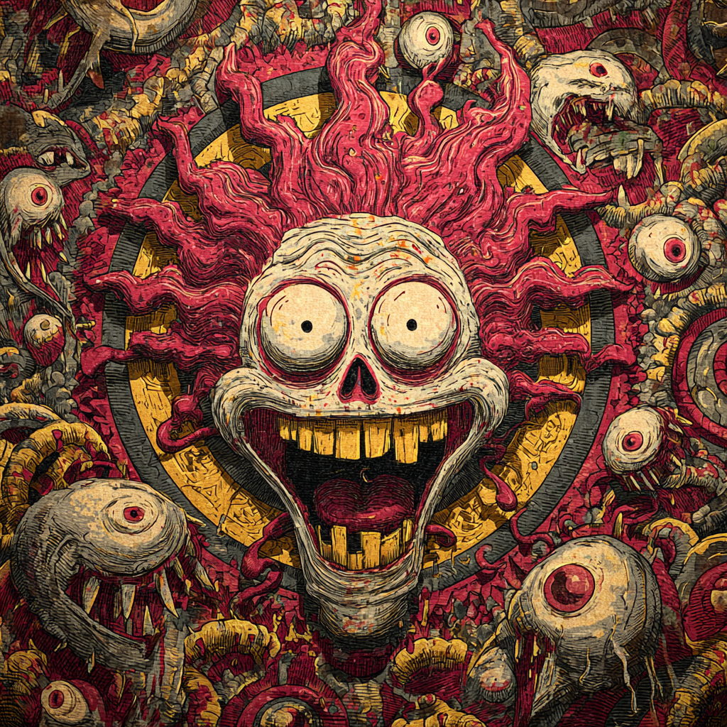 A grotesque skull with a huge grin and fiery hair surrounded by monster eyes and toothy creatures.