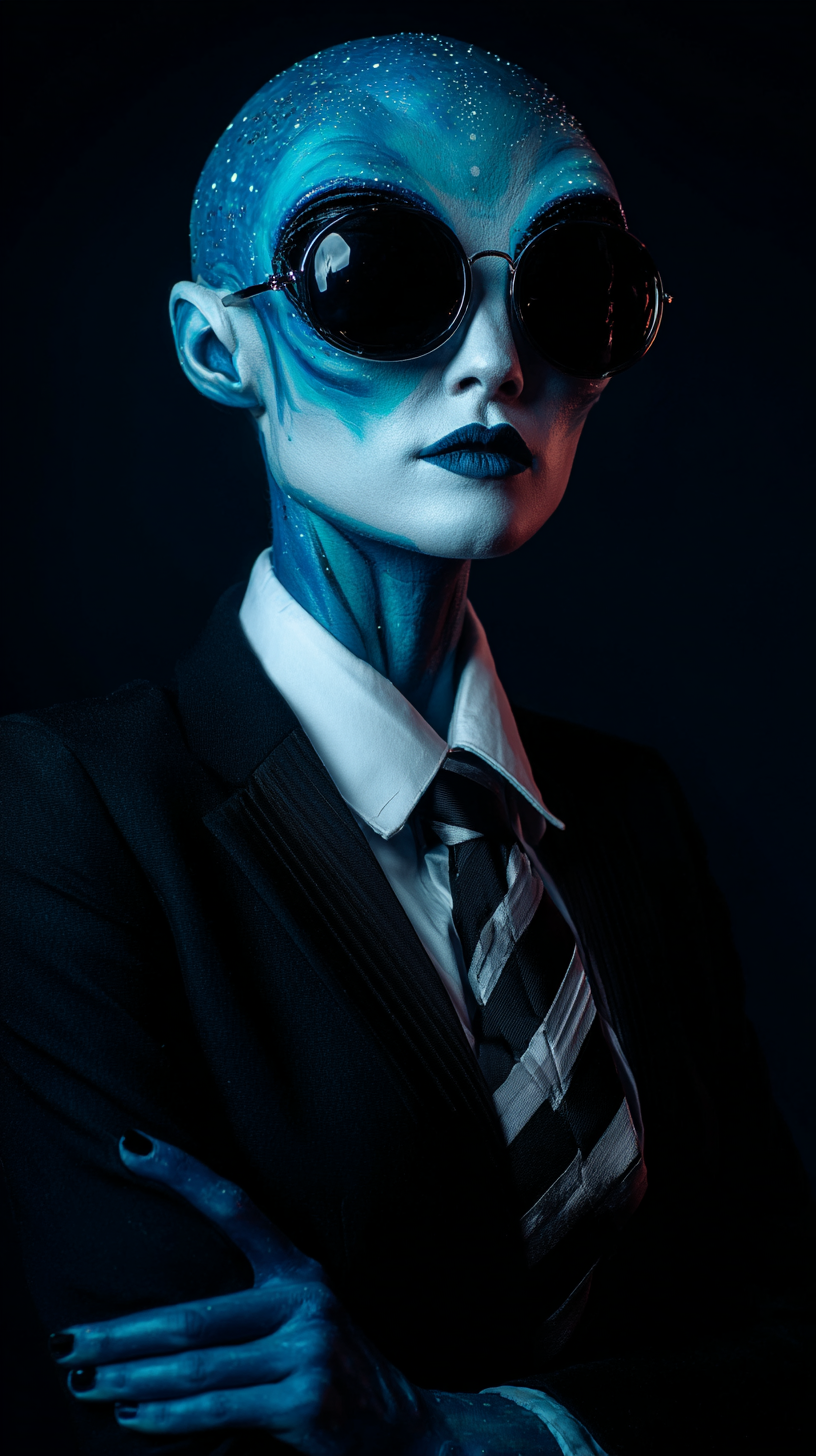 Blue-skinned figure in a suit and sunglasses. Arms crossed, looking directly at the viewer.