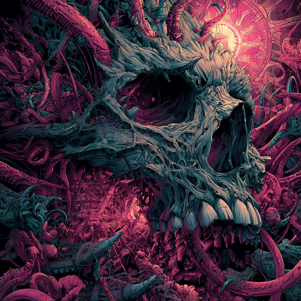 Pixelated skull with tentacles in shades of pink and teal.