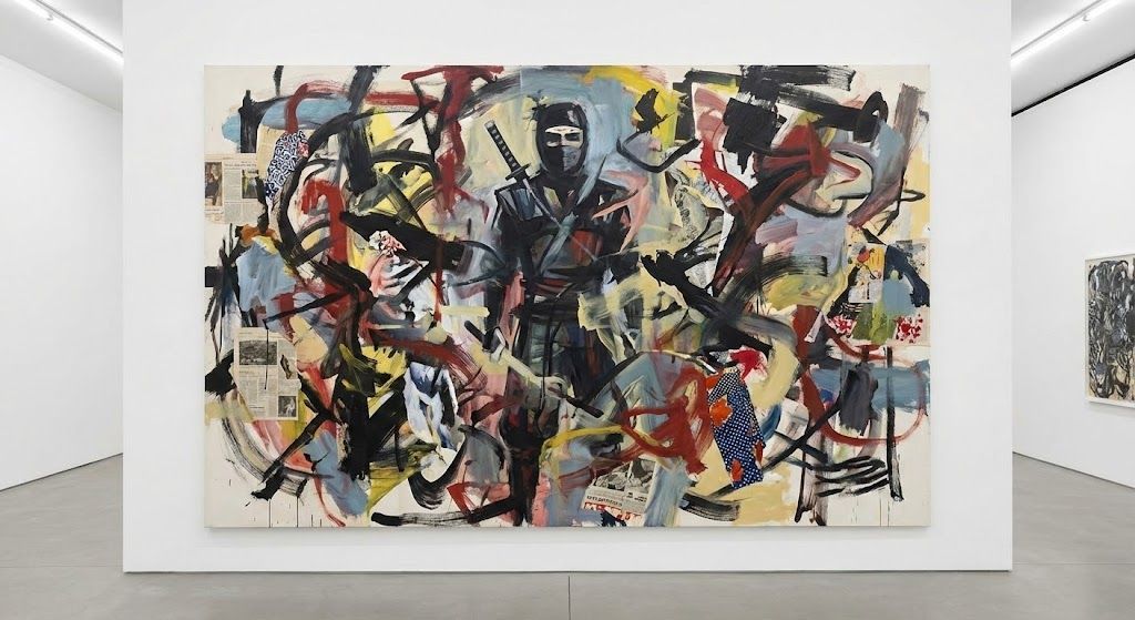 Abstract painting on white wall in a gallery. Bold brushstrokes with blue, black, red, and yellow on a light background.