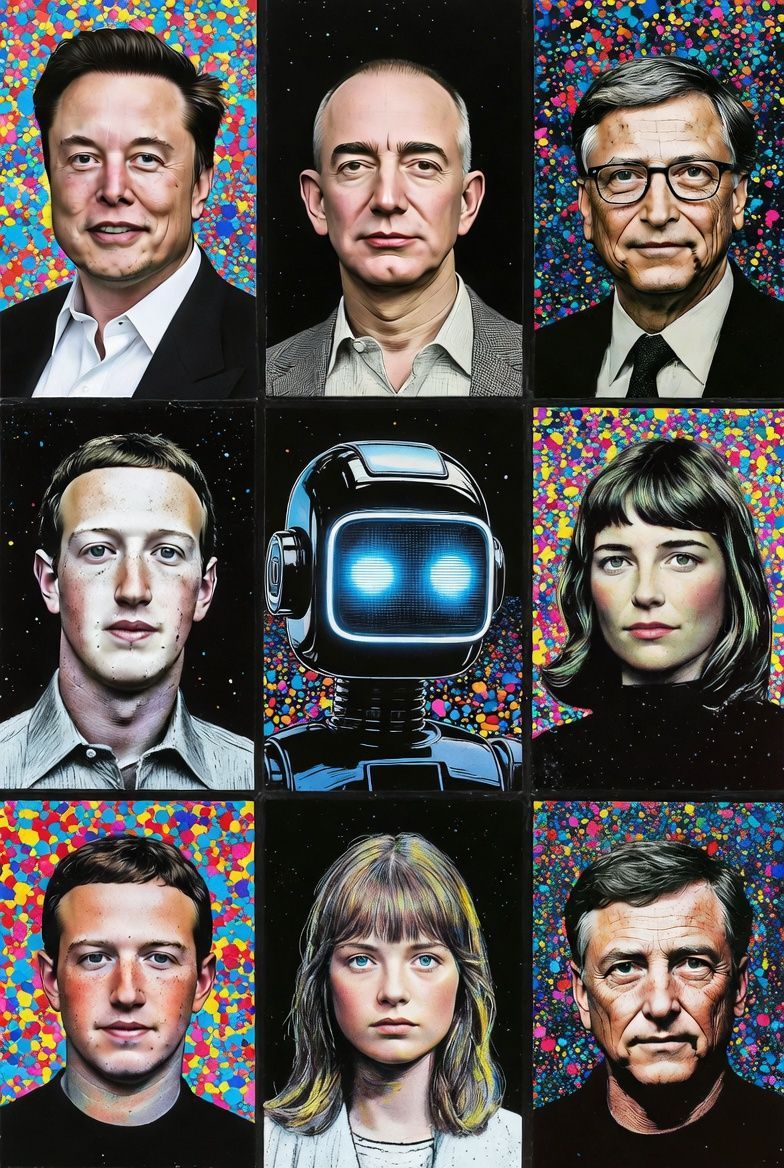Portraits of tech leaders and a robot, set against a colorful speckled background.