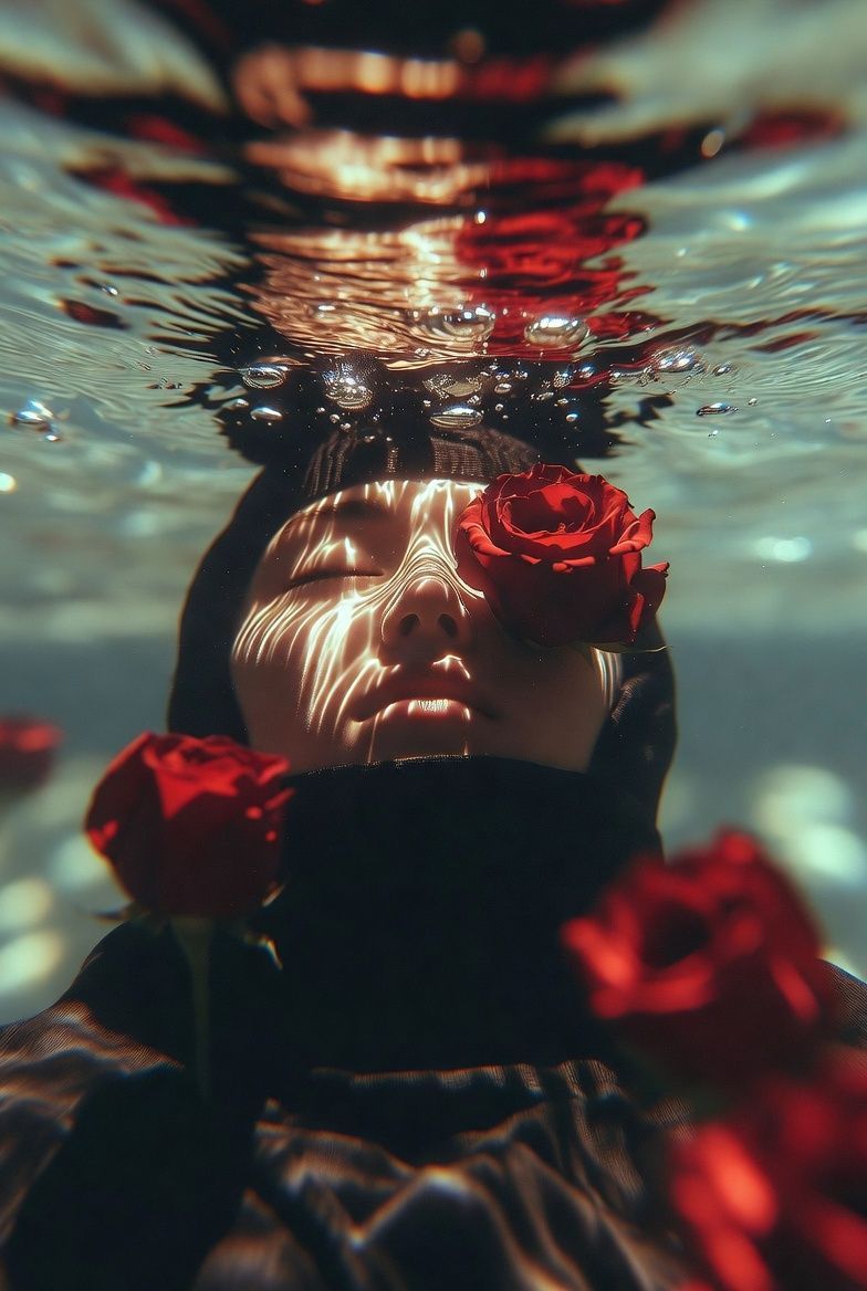 Woman submerged underwater, eyes closed, red roses around her. Sunlight casts shadows on her face.