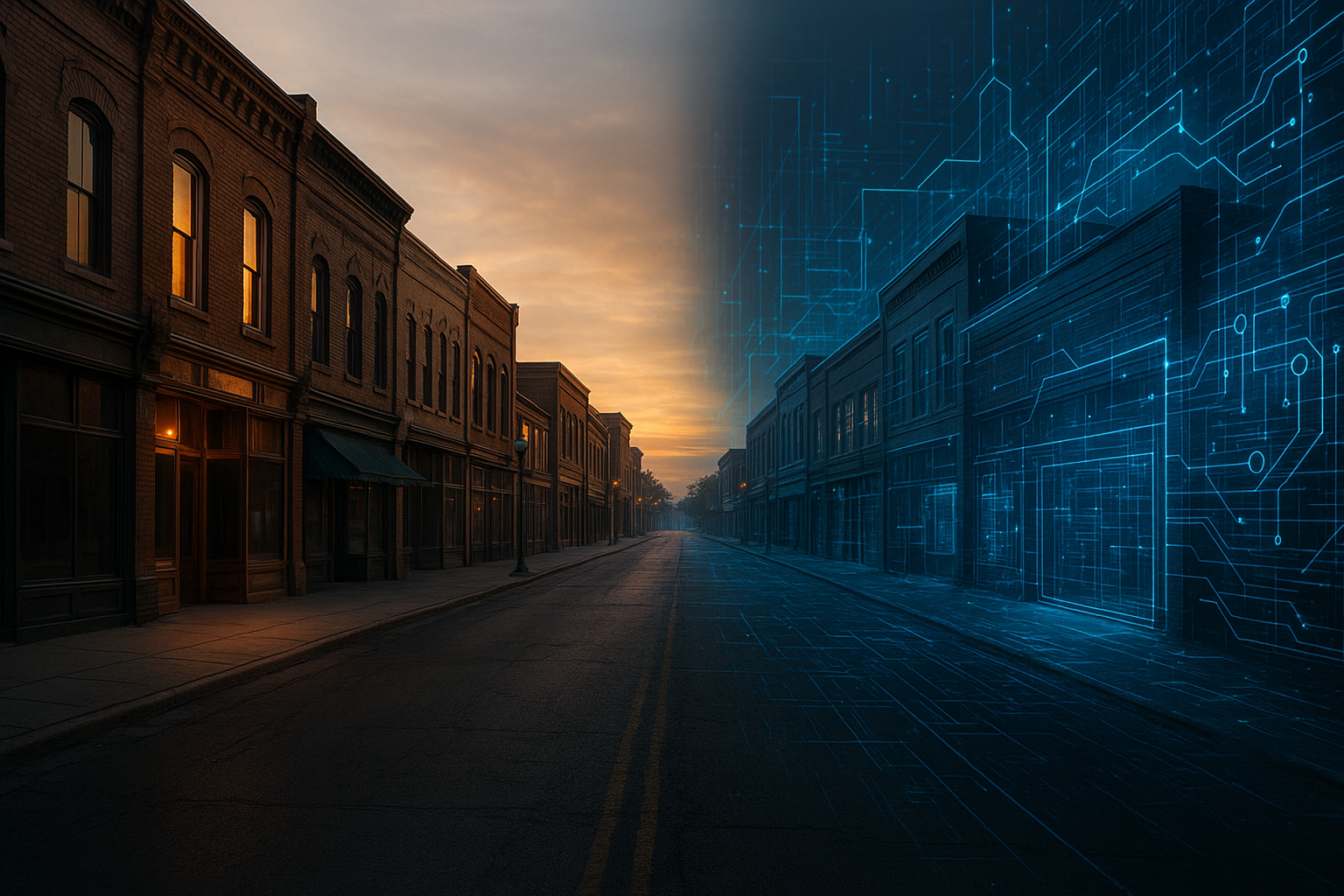 Street split between a traditional town and a digital circuit board, contrasting old and new technology.