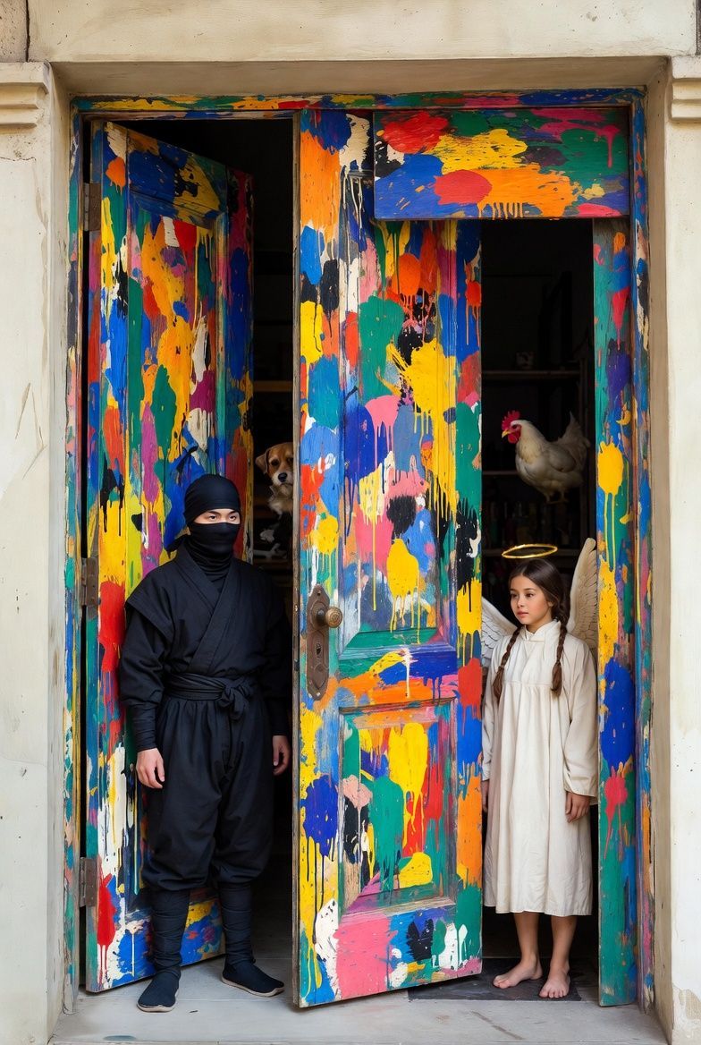 Ninja and angel stand on either side of a colorful paint-splattered door with a chicken visible inside.