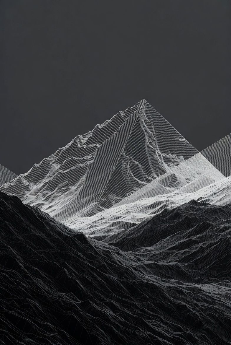 Monochrome view of a mountain range. The central peak is light and detailed, with visible contour lines.