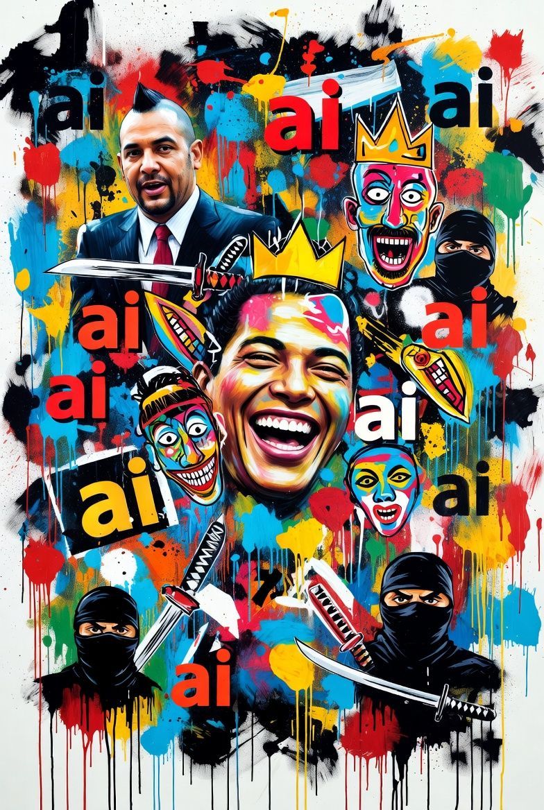 Colorful graffiti art: faces, swords, masks, and