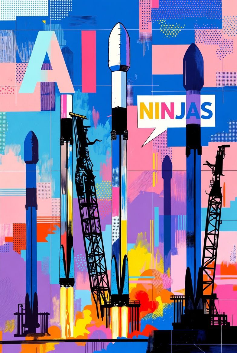 AI NINJAS, colorful artwork featuring rockets launching with vibrant hues, and abstract shapes.