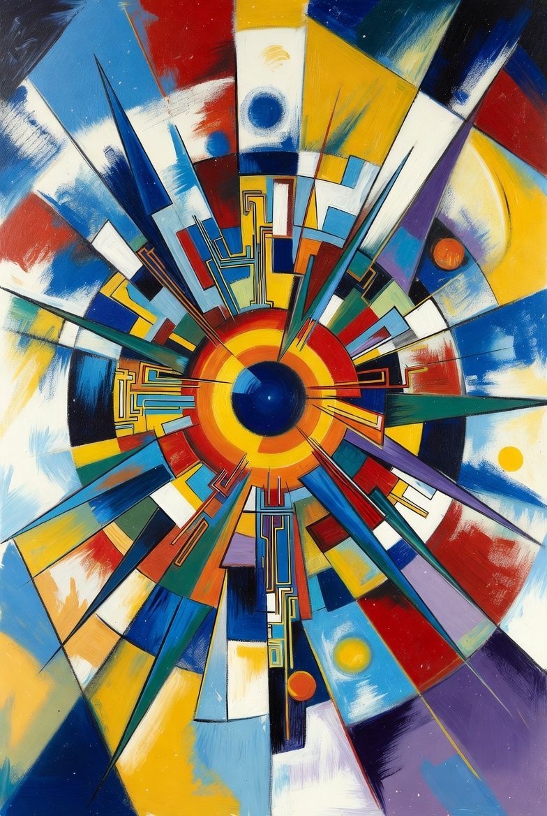 Abstract geometric painting of a burst of colorful lines radiating from a central blue circle.