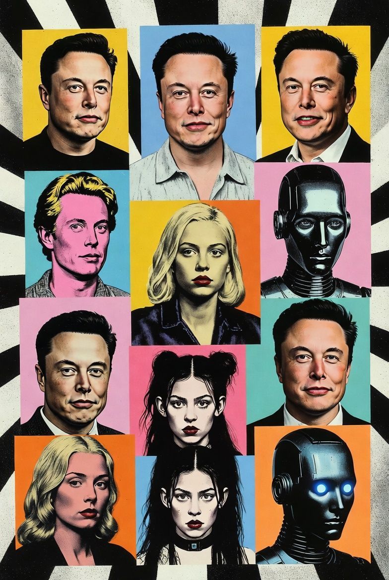 Grid of faces: Elon Musk, woman, robot faces in colorful squares on a striped background.