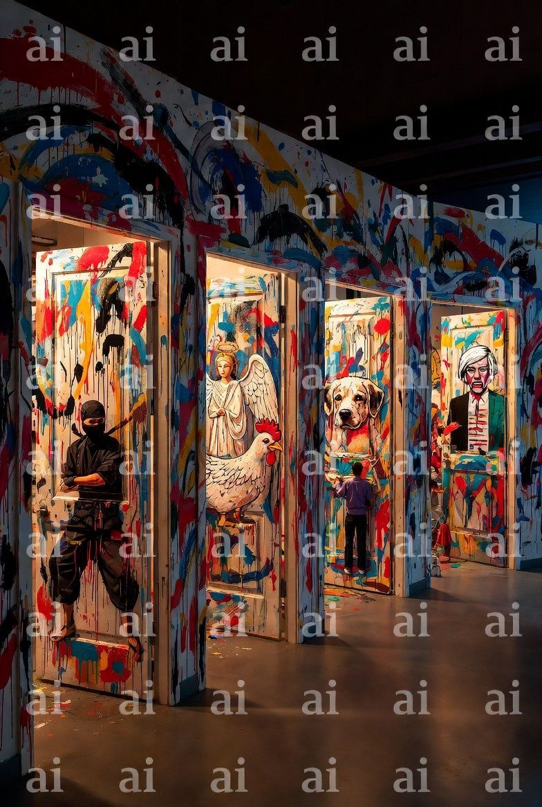 Hallway with doors splattered with paint; figures in costume stand in doorways.