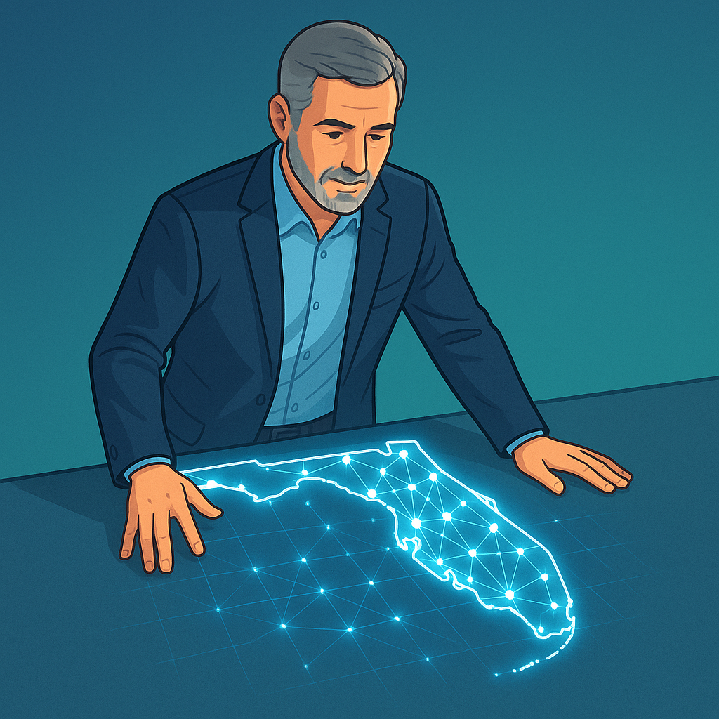 Man in suit looking at glowing Florida map.