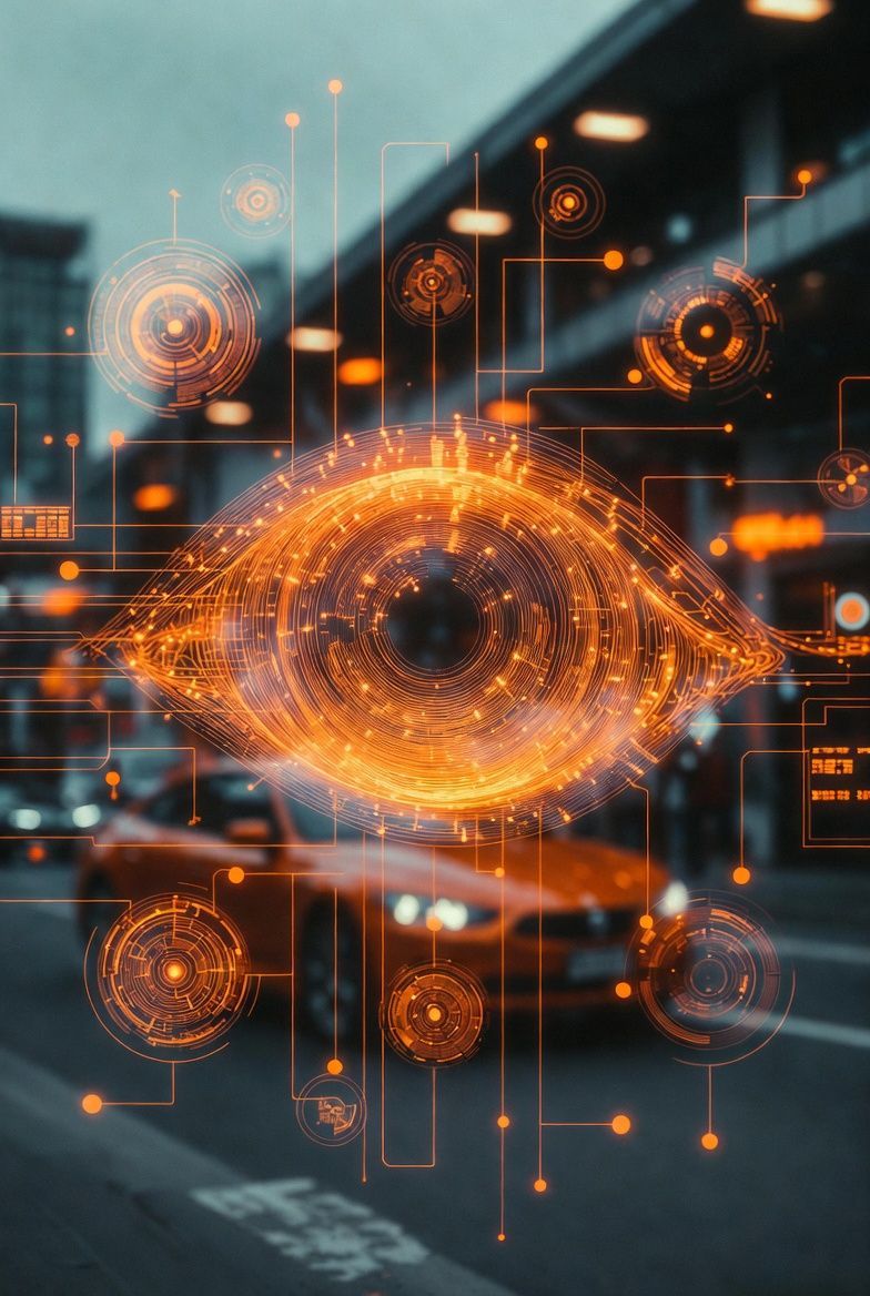 Orange digital eye overlaid on a street scene with a red car; concept of surveillance or vision technology.