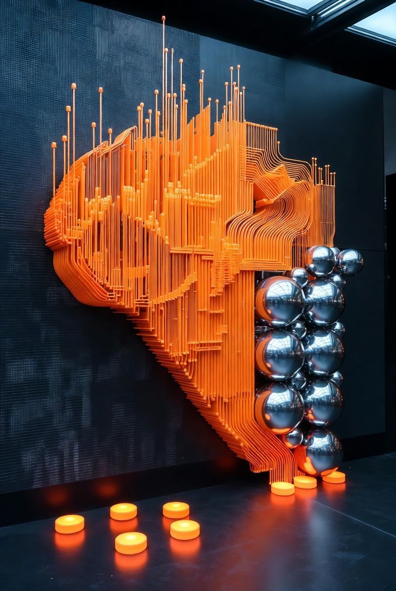 Orange and silver abstract art piece on a dark wall with small glowing lights on the floor.