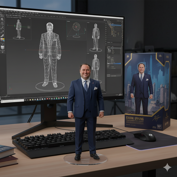 A man in a blue suit stands next to a 3D printed figurine of himself, in front of a computer with 3D modeling software.