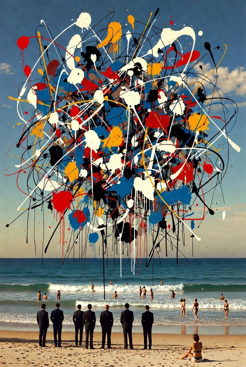 Two men face forward, surrounded by other characters: aliens, elderly, Smurfs, and bikini-clad women.