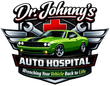 Logo for "Dr. Johnny&rsquo;s Auto Hospital" featuring a lime green muscle car, red medical cross, and wrenches on a black shield.