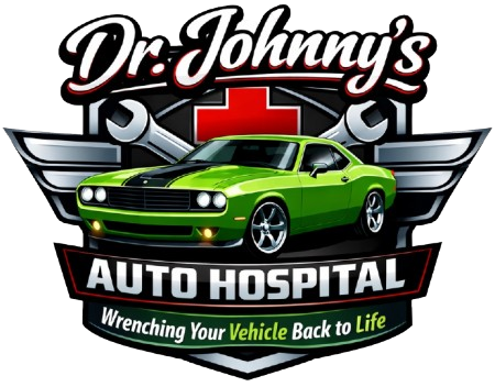Logo for "Dr. Johnny&rsquo;s Auto Hospital" featuring a lime green muscle car, red medical cross, and wrenches on a black shield.