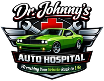 Logo for "Dr. Johnny&rsquo;s Auto Hospital" featuring a lime green muscle car, red medical cross, and wrenches on a black shield.