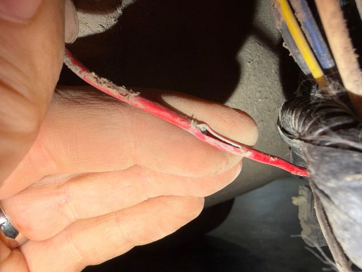 A close-up of a hand holding a frayed red electrical wire with exposed metal, near a bundle of other colored wires.
