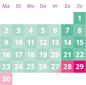 Een groene en roze kalender met het getal 30 gemarkeerd