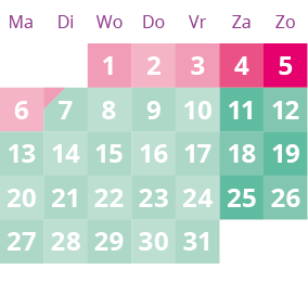 Een groene en roze kalender met de nummers 1 tot en met 31