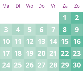 Een groene en roze kalender met de nummers 1 tot en met 31