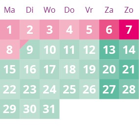 Een groene en roze kalender met de nummers 1 tot en met 31