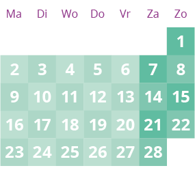 Een groene en roze kalender met de nummers 1 tot en met 31