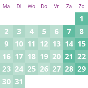 Een roze en groene kalender met de cijfers 1 tot en met 30