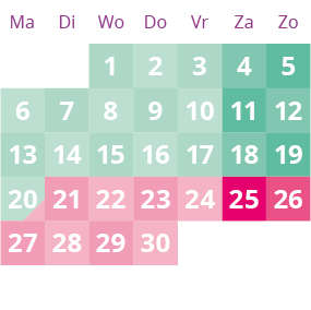 Een roze en witte kalender met de cijfers 1 tot en met 28 van Villa Fave in Javea