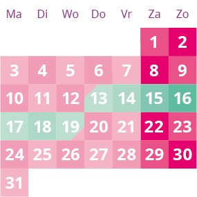 Een roze en groene kalender met de nummers 1 tot en met 31