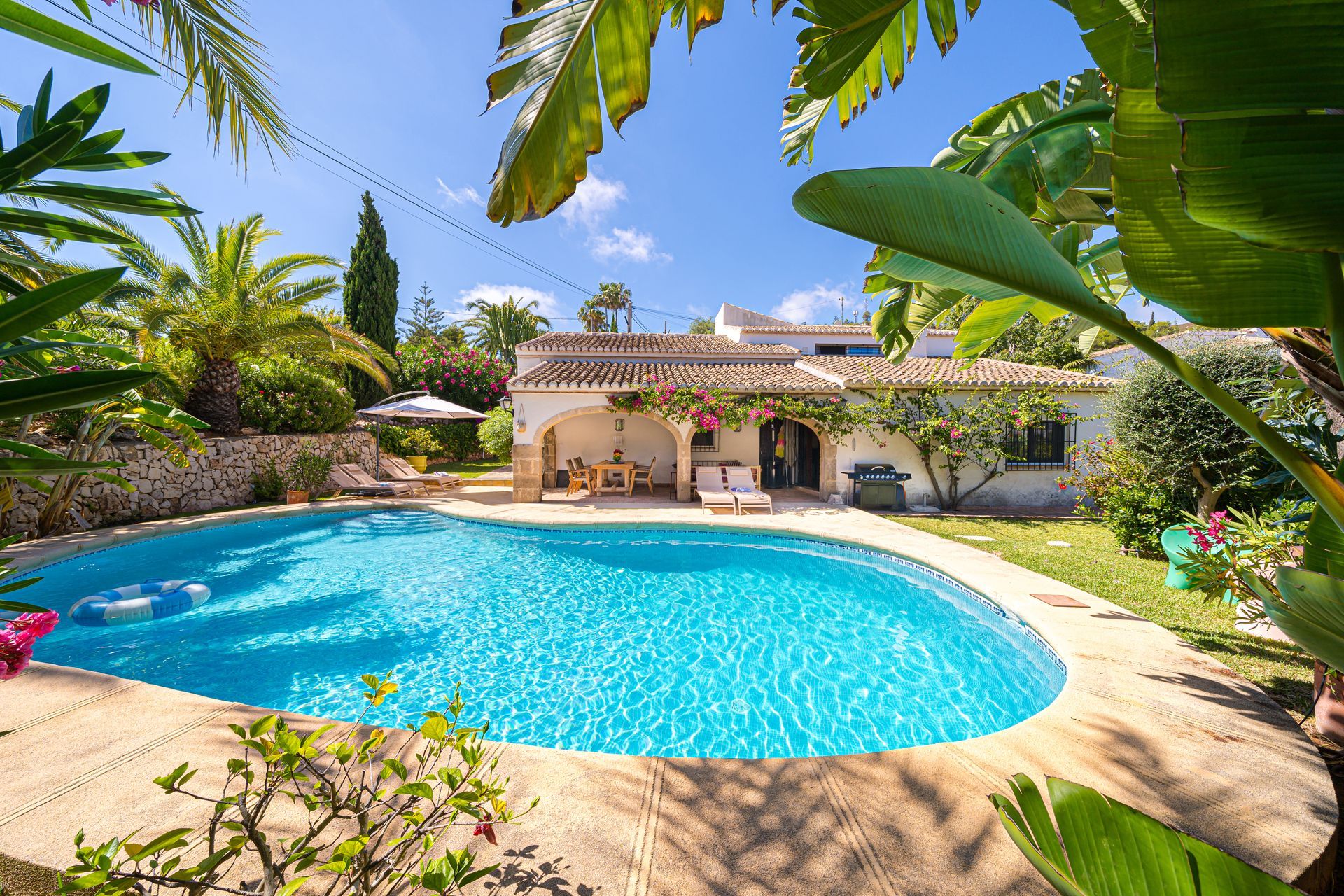 Una gran piscina rodeada de tumbonas y palmeras de Villa Fave en Xabia, El Tosalet.
