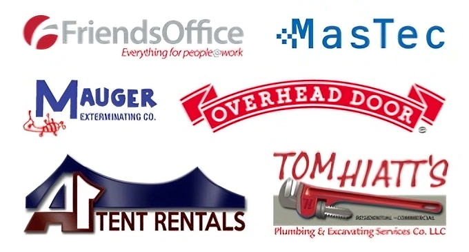 Logos of six businesses: FriendsOffice, MasTec, Mauger Exterminating Co., Overhead Door, A1 Tent Rentals, and Tom Hiatt's Plumbing. | Findlay Auto Plus