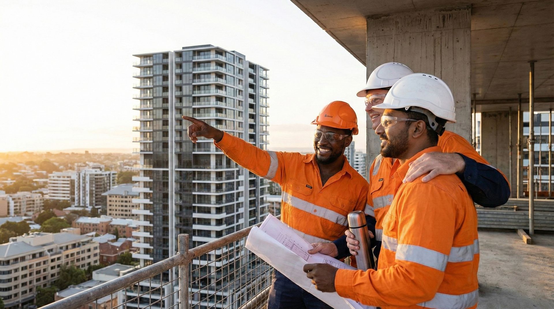 Construction workers, wearing orange vests and hard hats, on a high-rise balcony