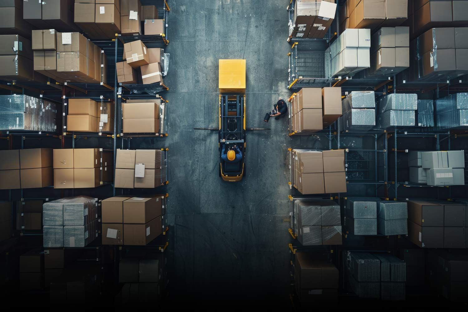 Overhead view of a warehouse with a forklift moving boxes