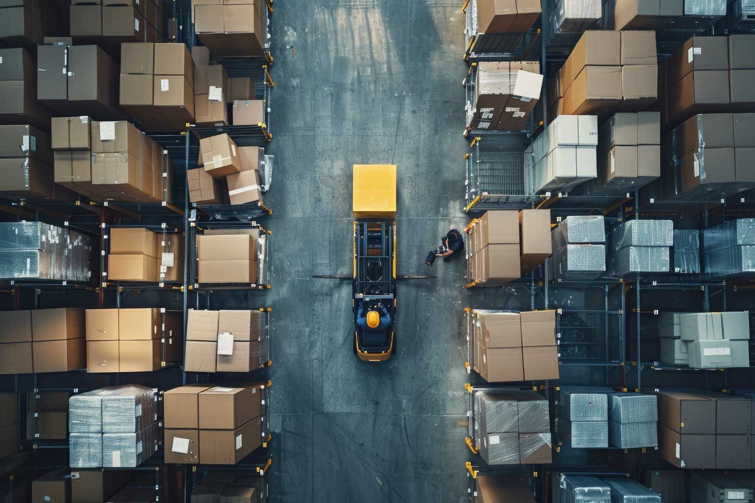 Overhead view of a warehouse with a yellow forklift moving boxes