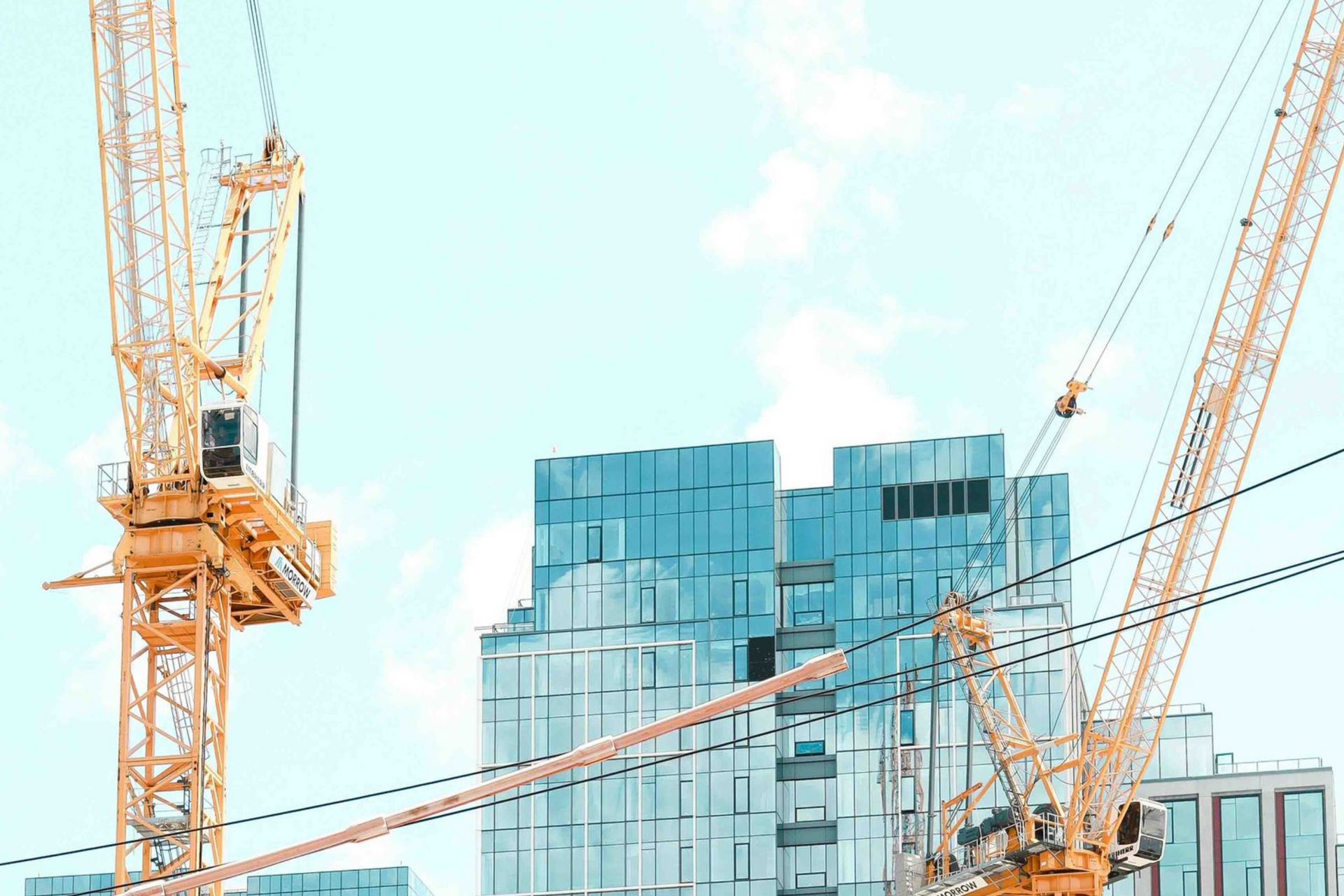 Two yellow construction cranes against a glassy skyscraper