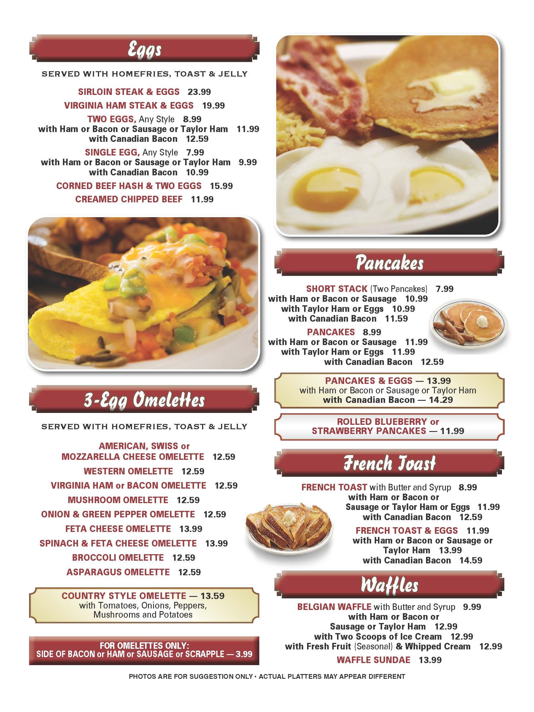 a menu for a restaurant includes eggs pancakes and waffles — The Black Horse Breakfast in Ephraim, NJ