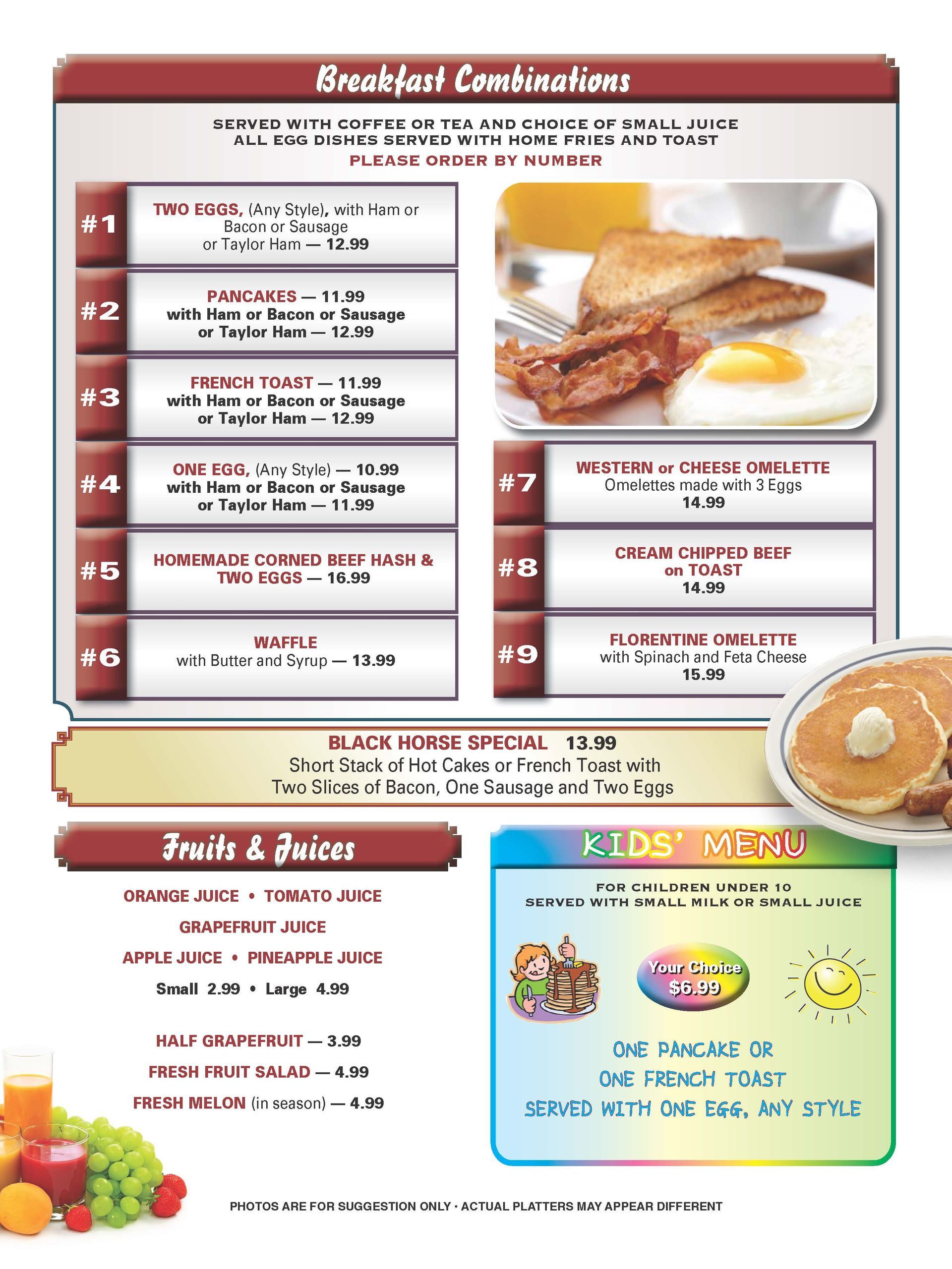 a menu for a restaurant shows breakfast combinations and fruits and juices — The Black Horse Breakfast in Ephraim, NJ