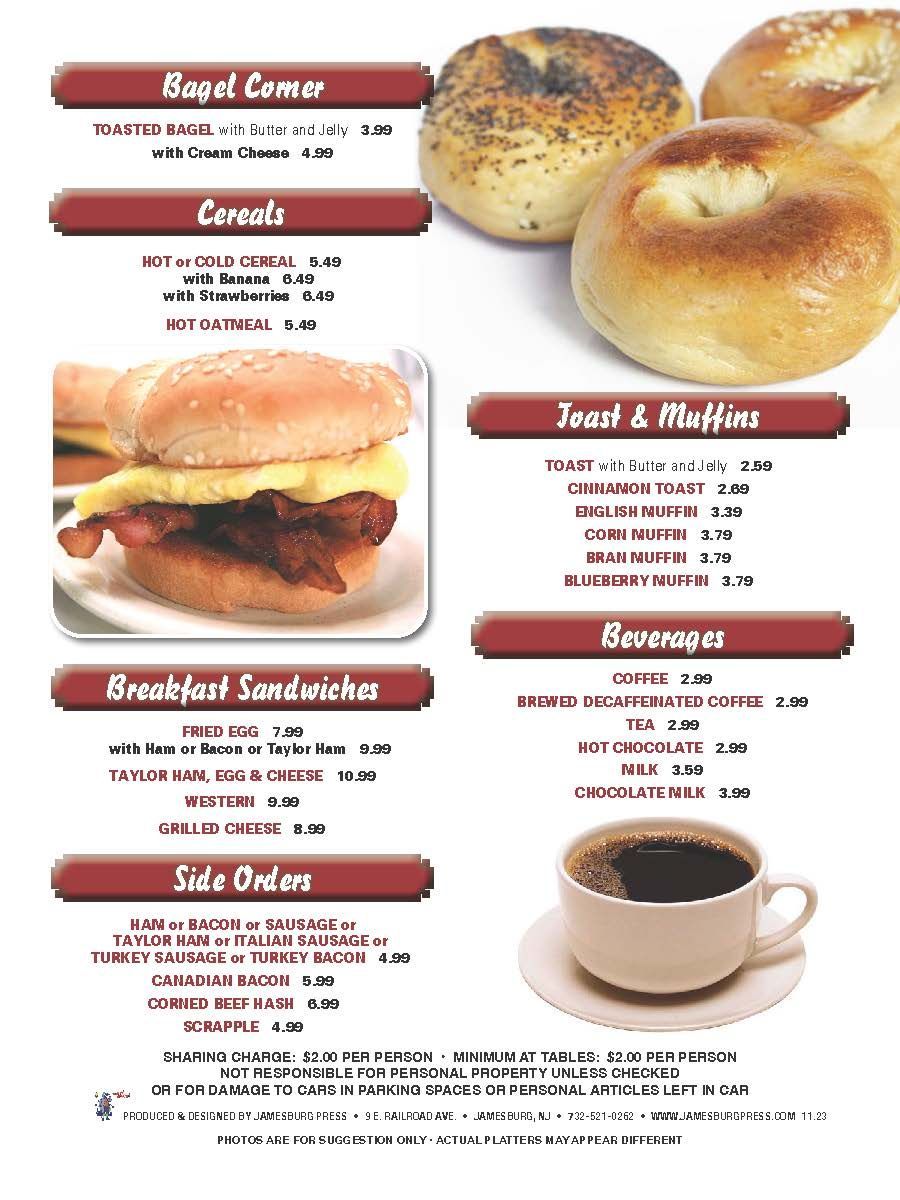 a menu for a bagel corner shows breakfast sandwiches and side orders — The Black Horse Breakfast in Ephraim, NJ