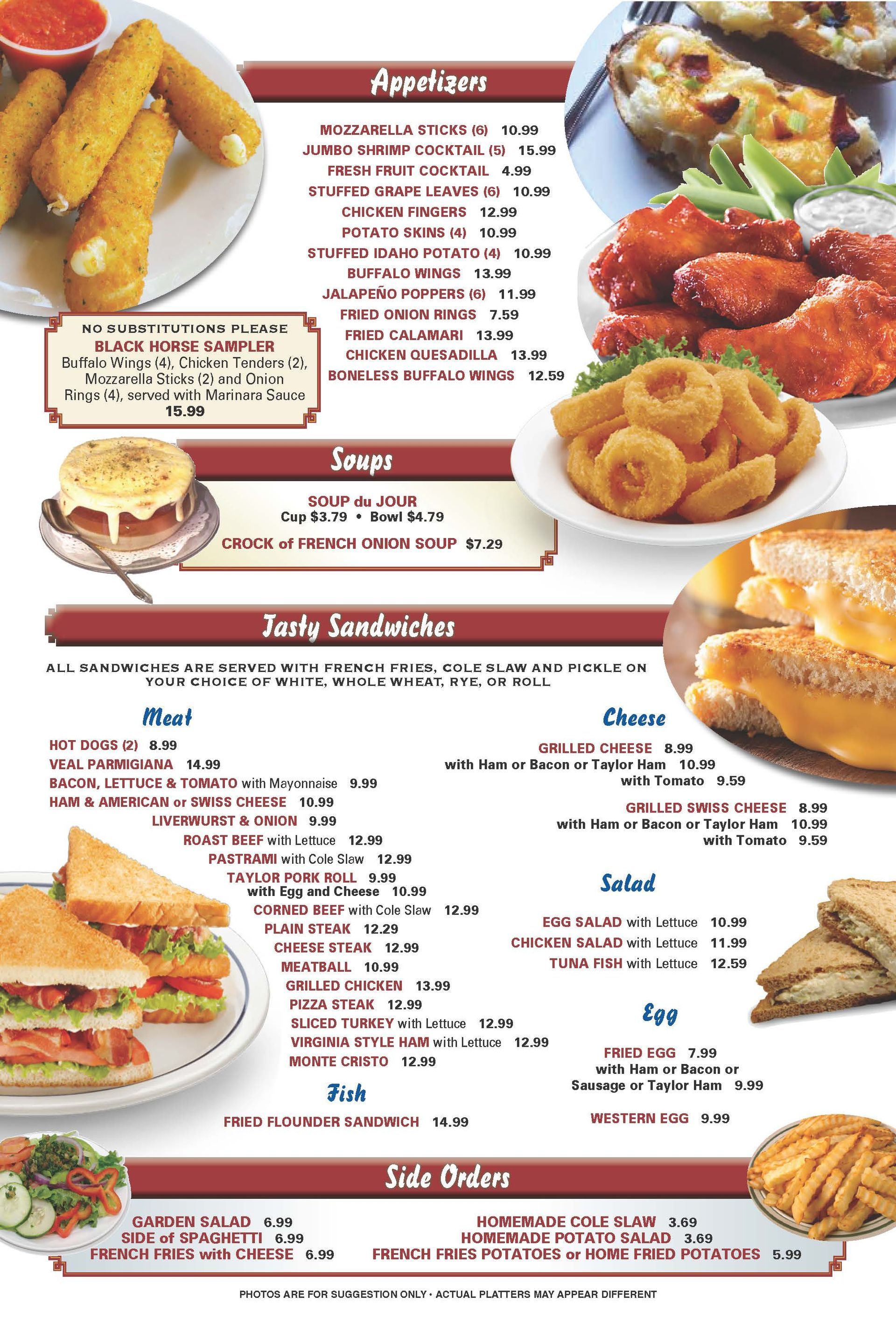a menu for a restaurant shows appetizers soups and tasty sandwiches — The Black Horse Breakfast in Ephraim, NJ