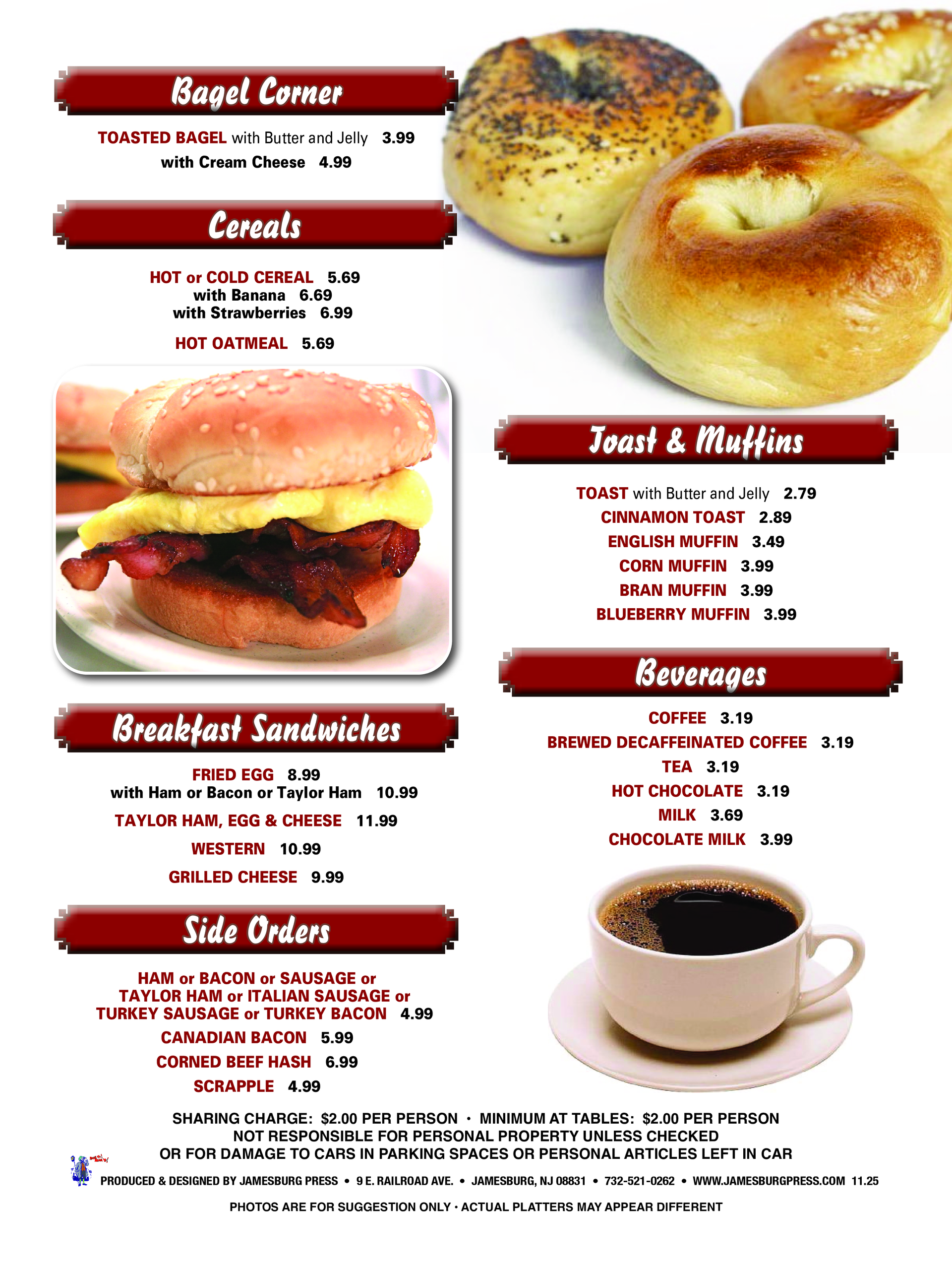 a menu for a bagel corner shows breakfast sandwiches and side orders — The Black Horse Breakfast in Ephraim, NJ