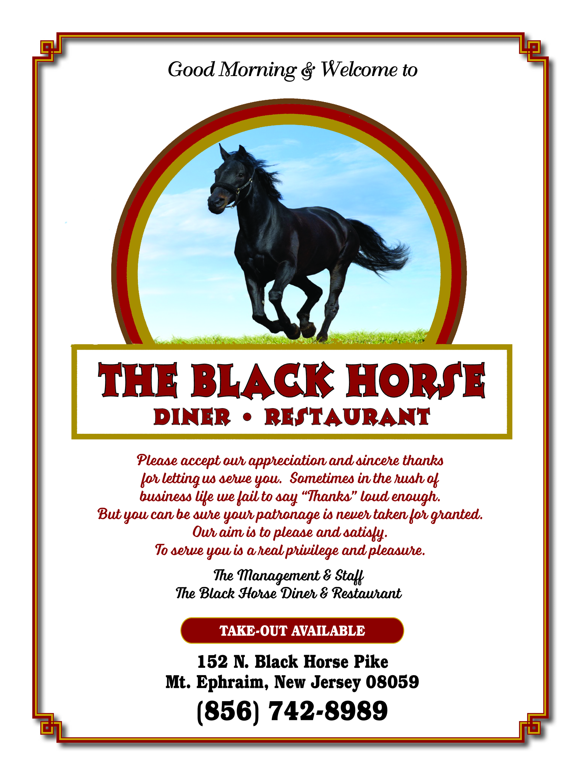 an advertisement for the black horse diner and restaurant — The Black Horse Breakfast in Ephraim, NJ