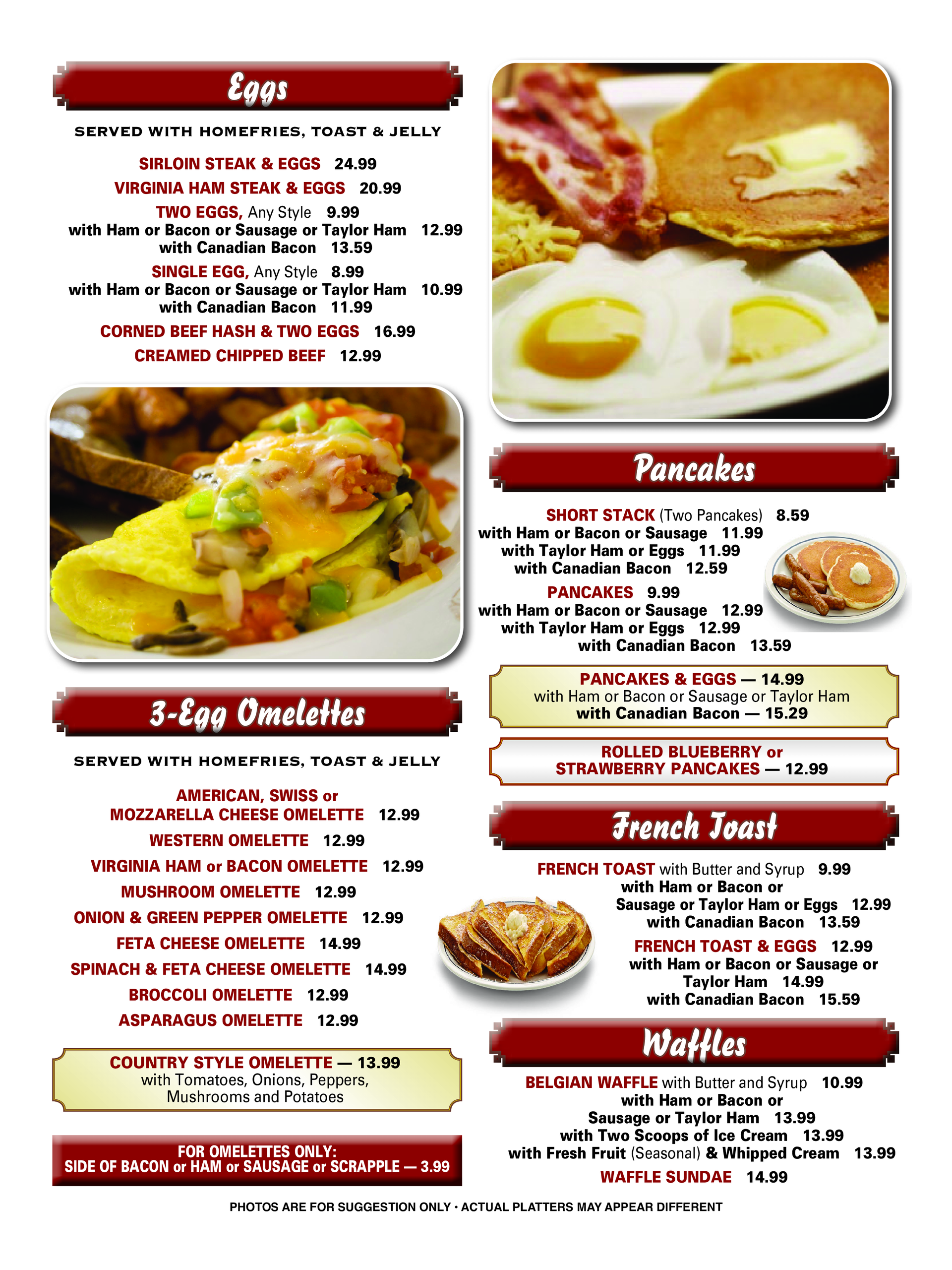 a menu for a restaurant includes eggs pancakes and waffles — The Black Horse Breakfast in Ephraim, NJ