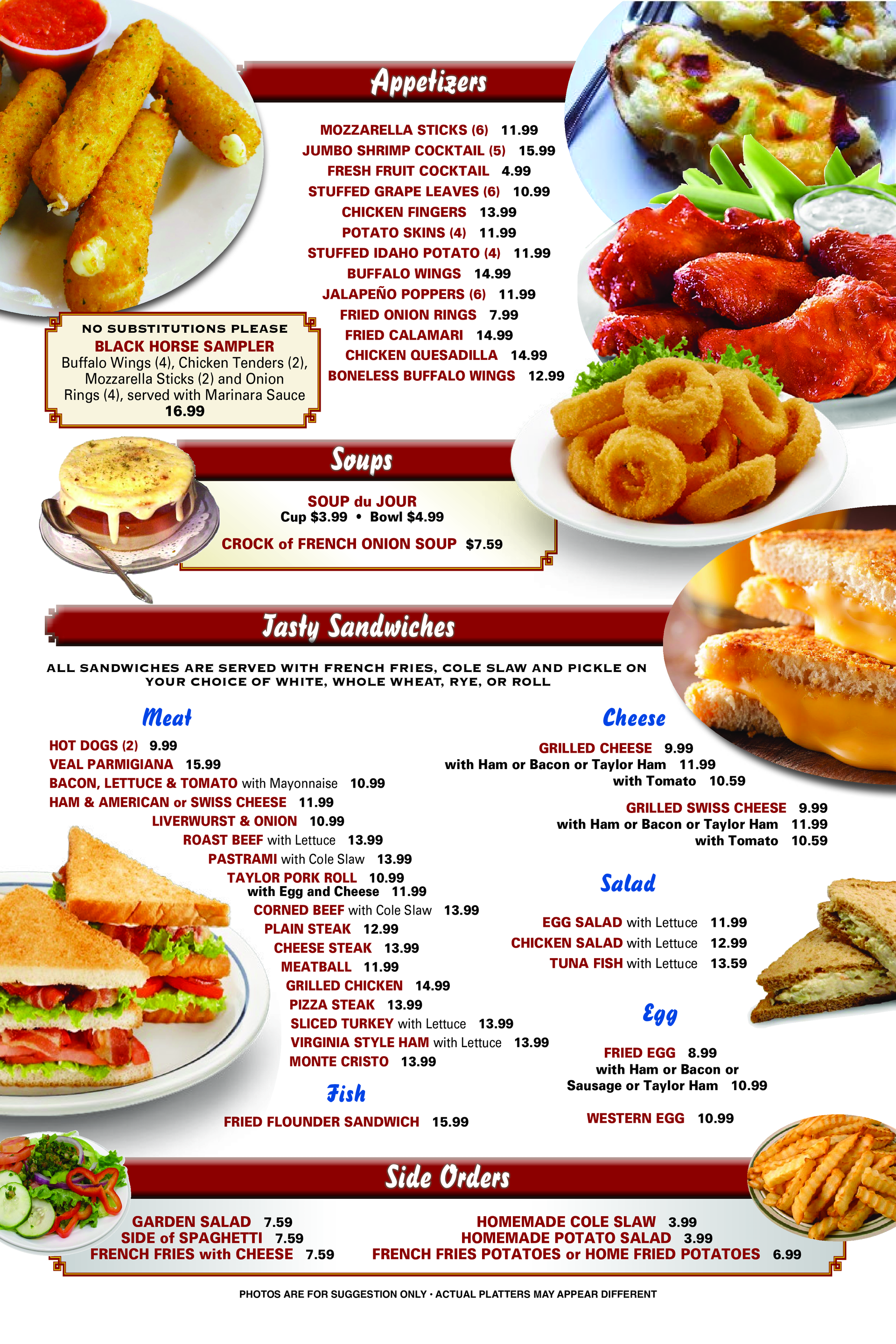a menu for a restaurant shows appetizers soups and tasty sandwiches — The Black Horse Breakfast in Ephraim, NJ