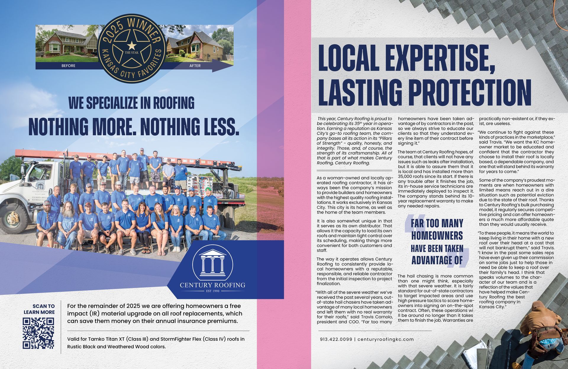 Advertisement for a roofing company featuring a team photo and text emphasizing local expertise and lasting protection.